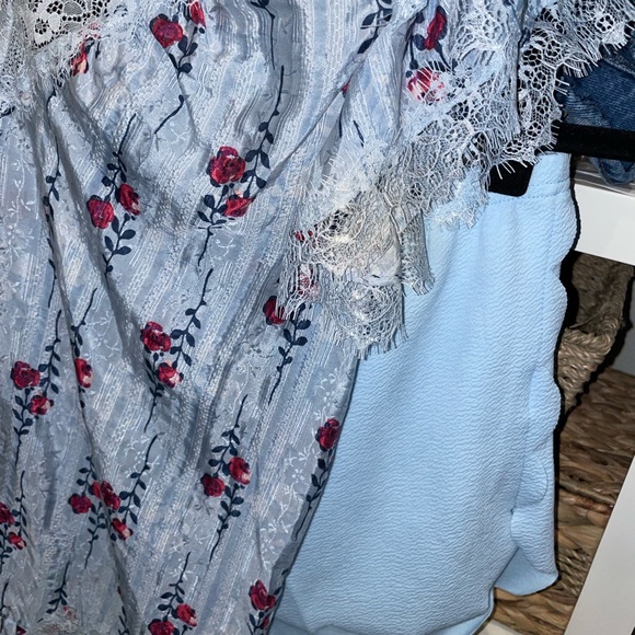 NWT 2pc SET🌹 SS20 Long Stem Roses Silk Tunic Blouse Matching Shorts -Cornflower - Picture 6 of 15